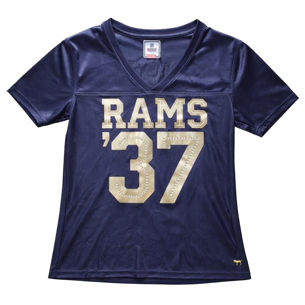 PINK Victoria’s Secret NFL Rams Rhinestone Jersey Tee Womens M Navy Gold